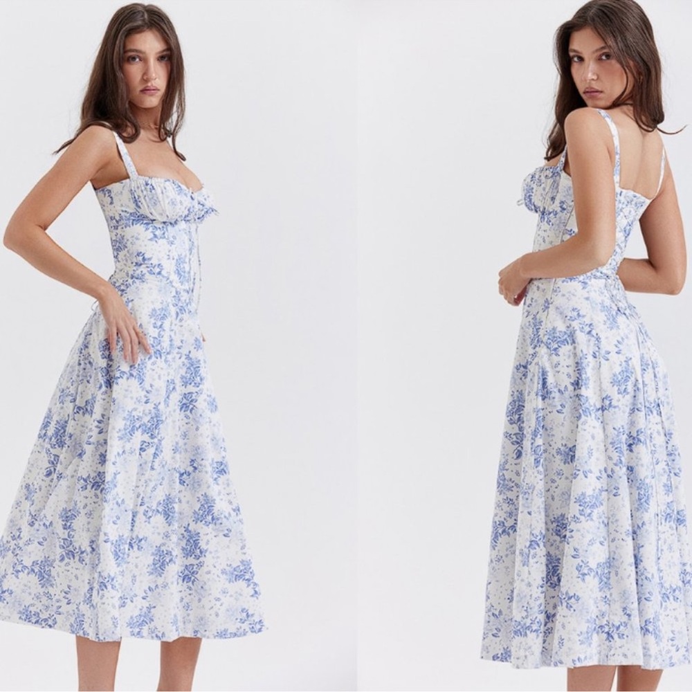 NWOT House of CB ‘Carmen’ Blue Print Bustier Midi Sundress Sz XS